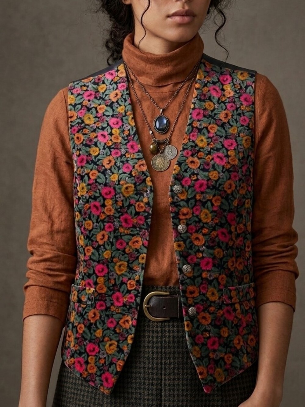 Vintage Floral Button Vest with Velvet Front Dark Academia Dark Boho